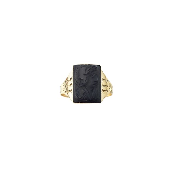 Vintage 10 Karat Yellow Gold Carved Onyx Roman Soldier Ring Size 6.75 #12312